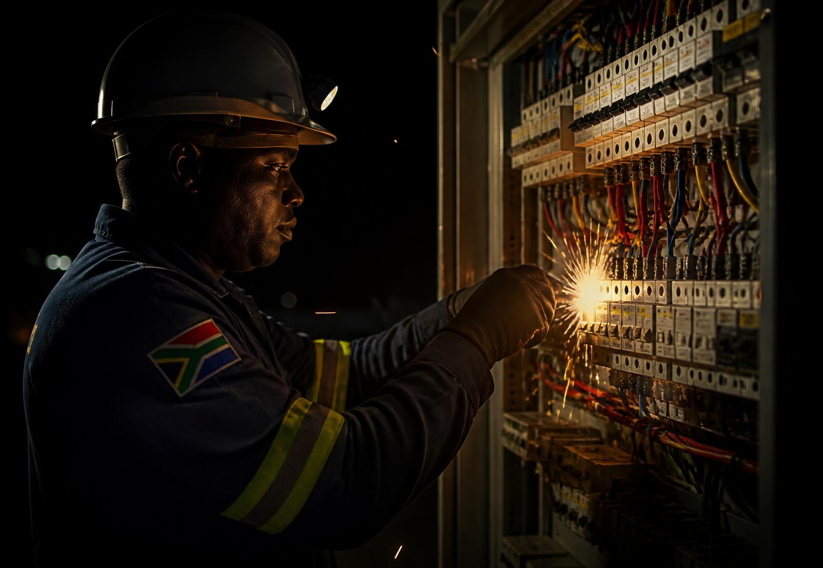 Electrician working on a distribution board at night